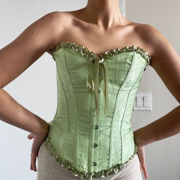 unbranded Tops - Green Bustier Corset Top Overbust Lace Up Satin Shapewear Lingerie | Halloween